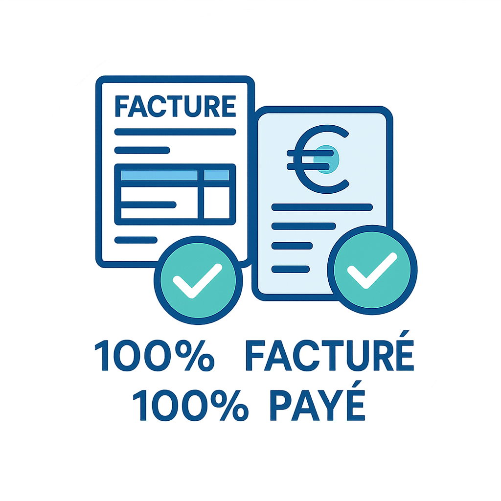 Illustration professionnelle Nomy Services représentant un indicateur de performance 100% facturé et 100% payé, symbolisant la gestion complète et sans rejet des facturations infirmières libérales selon la NGAP