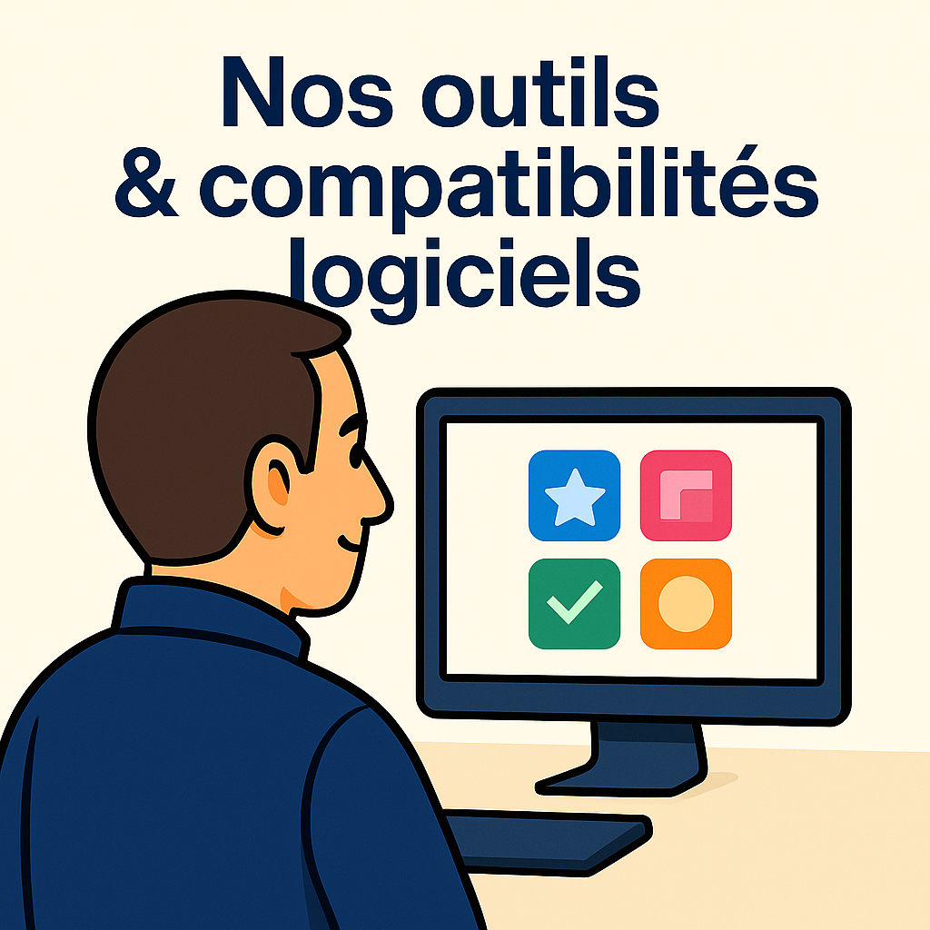 Illustration Nomy Services de compatibilités logiciels : avatar devant un écran affichant plusieurs icônes de logiciels, solution d’outils compatibles pour la facturation et la télétransmission