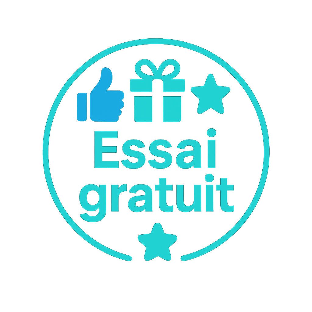 Icône Essai gratuit 30 jours avec badge premium étoile, aux couleurs bleu-vert Nomy Services, représentant l’offre d’essai gratuit du service de facturation médicale pour infirmières libérales et taxis conventionnés