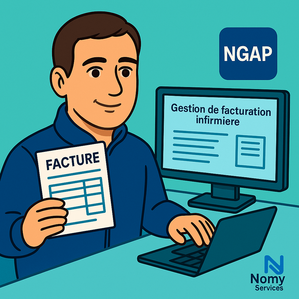 illustration facturation infirmière avec avatar Nomy Services, gestion des factures NGAP, télétransmission sécurisée, optimisation cotations IDEL, services de facturation pour infirmières libérales