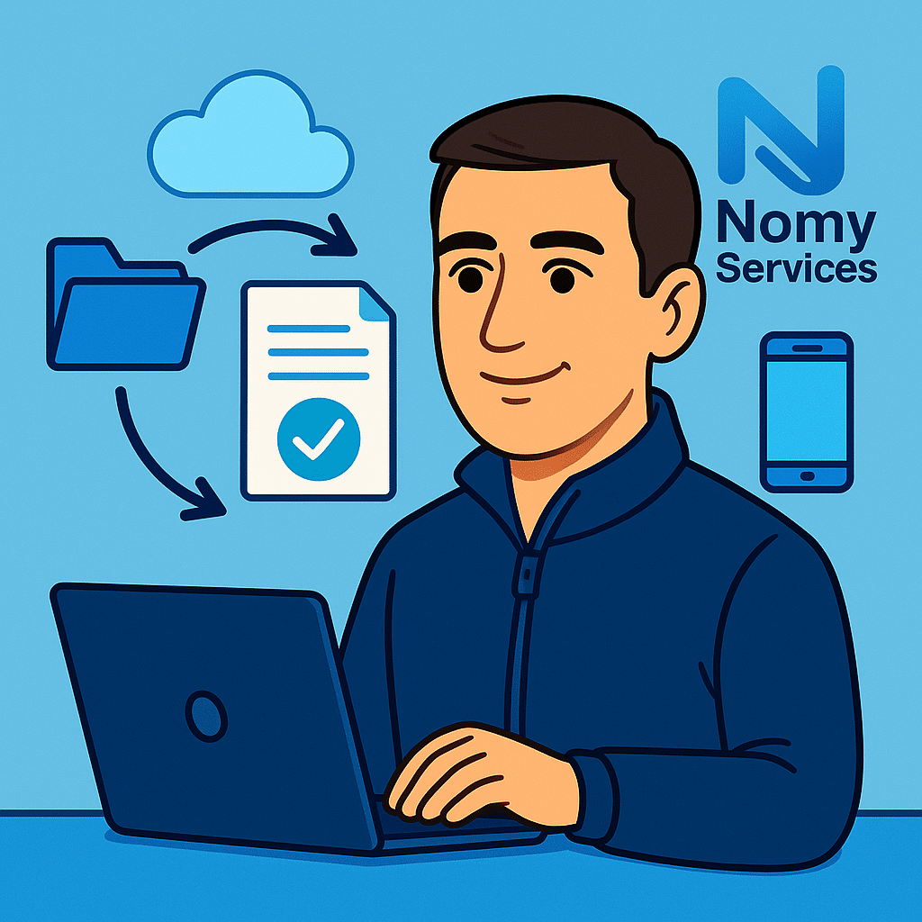Schéma animé du processus de gestion de facturation infirmière avec avatar de Chris de Nomy Services, illustrant la prise en charge complète, la télétransmission et la gestion des dossiers IDEL.