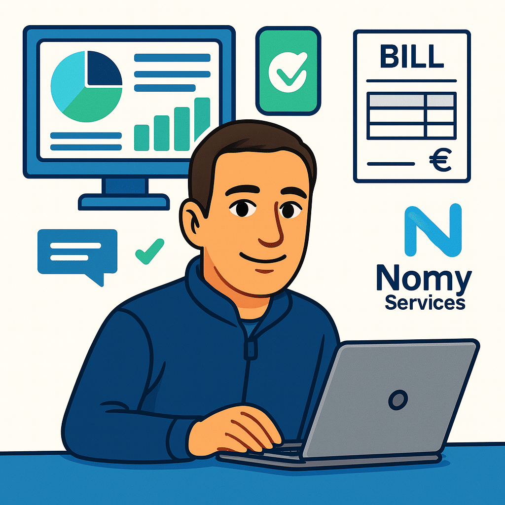 Illustration montrant la gestion professionnelle des logiciels de facturation infirmière (Agathe You, Albus, Simply Vitale, LCS/LGO, Interactor, Topaze), l’expertise télétransmission FSE/SCOR, la correction des erreurs NGAP et l’intégration des tournées IDEL par Nomy Services.