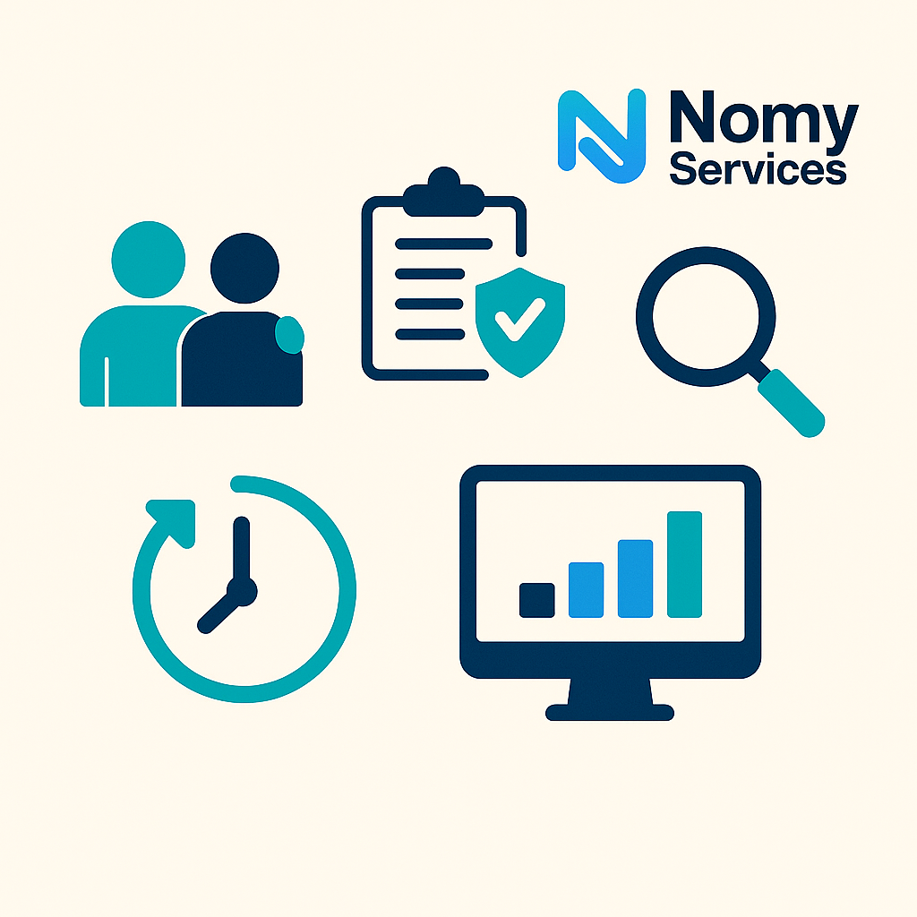 Pourquoi choisir Nomy Services : illustration professionnelle en bleu technologique avec le logo Nomy Services et des pictogrammes représentant l’accompagnement humain personnalisé, le suivi individualisé des rejets CPAM, l’analyse conventionnelle avancée NGAP, la disponibilité rapide et un tableau de bord simple et lisible pour les taxis conventionnés