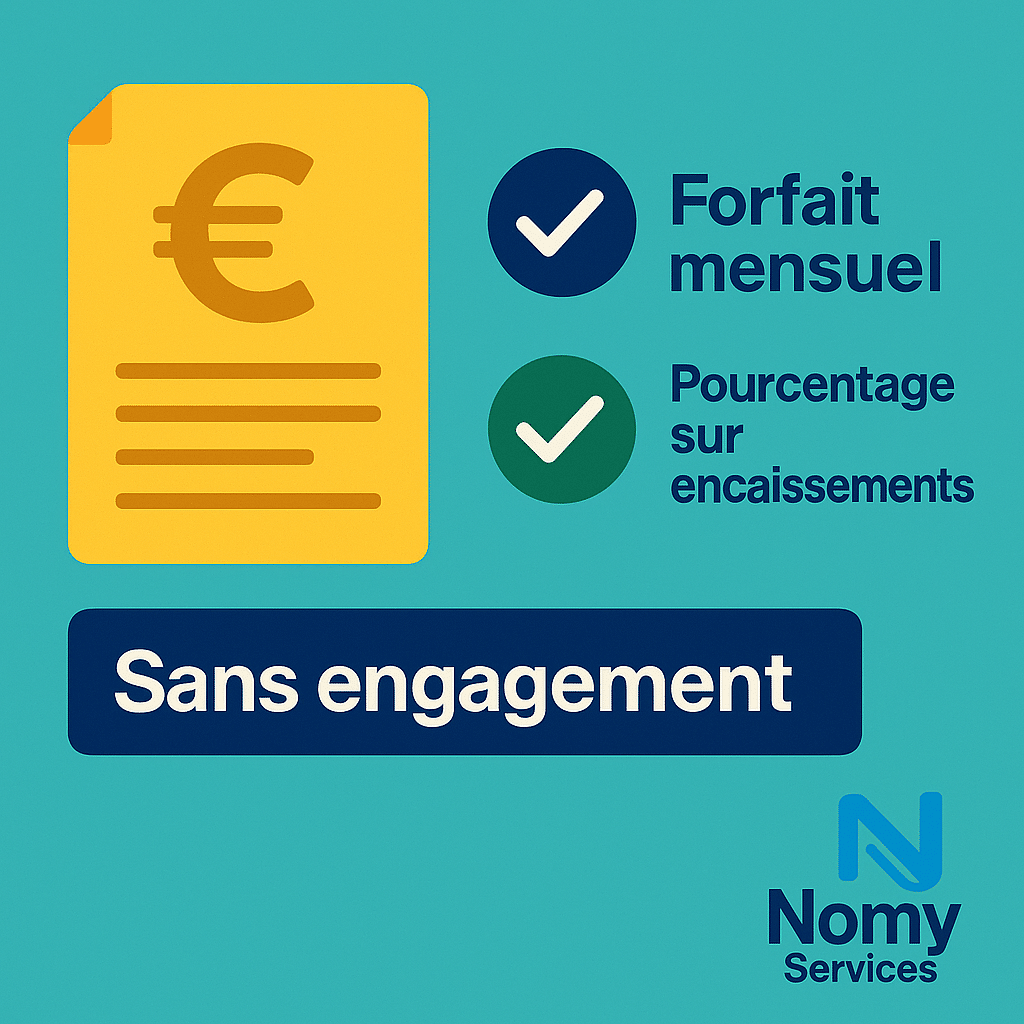 Illustration représentant la transparence des tarifs en facturation infirmière avec forfait mensuel ou pourcentage sur encaissements, sans engagement et tout compris, service Nomy Services.