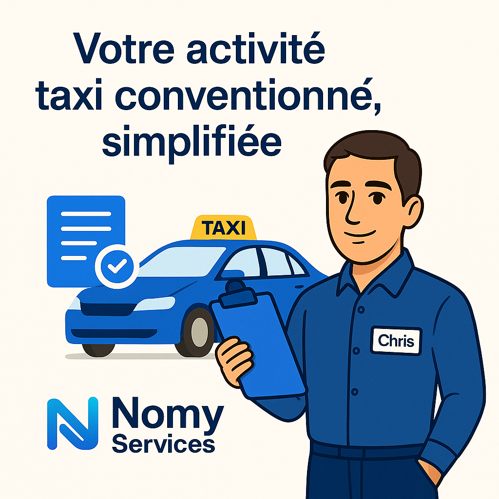 Illustration Nomy Services pour taxis conventionnés : gestion simplifiée de l’activité taxi CPAM, facturation médicale, télétransmission FSE et accompagnement administratif