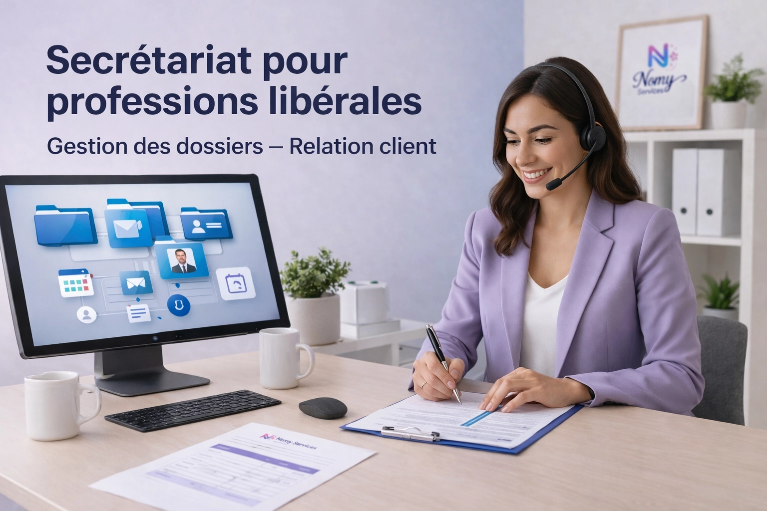 Secrétaire externalisée gérant appels, mails et facturation sur ordinateur pour professionnels de santé, artisans et TPE