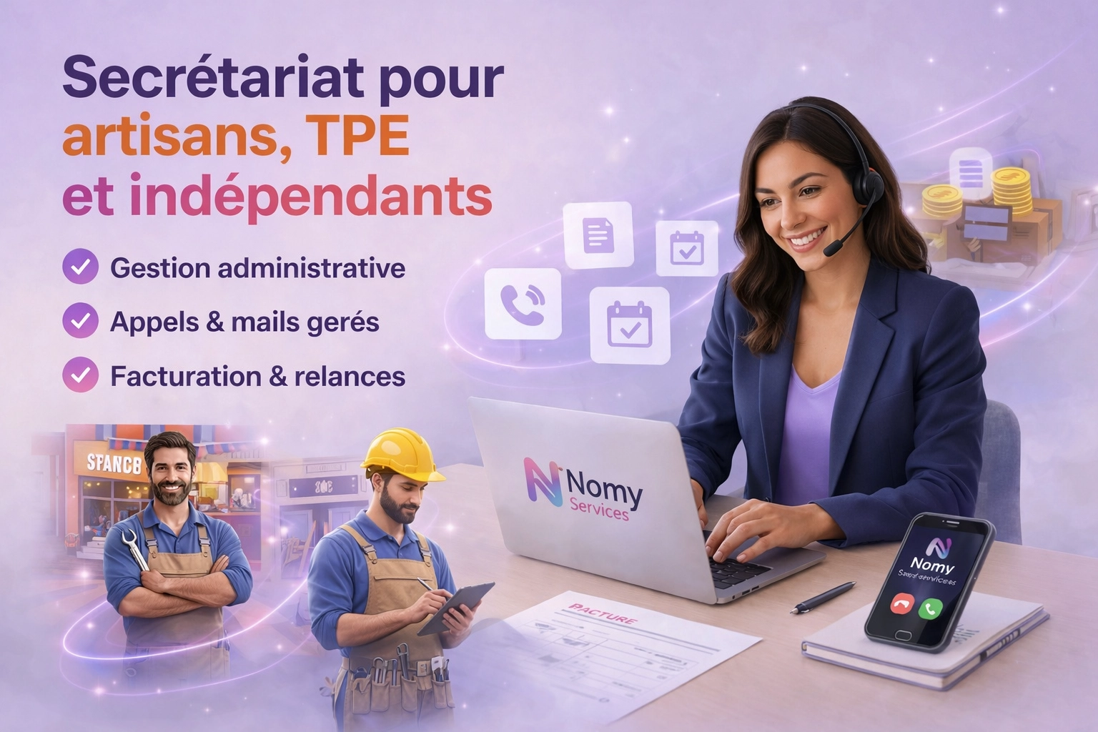 Service de secrétariat externalisé pour artisans et indépendants avec gestion administrative, appels, mails et facturation professionnelle
